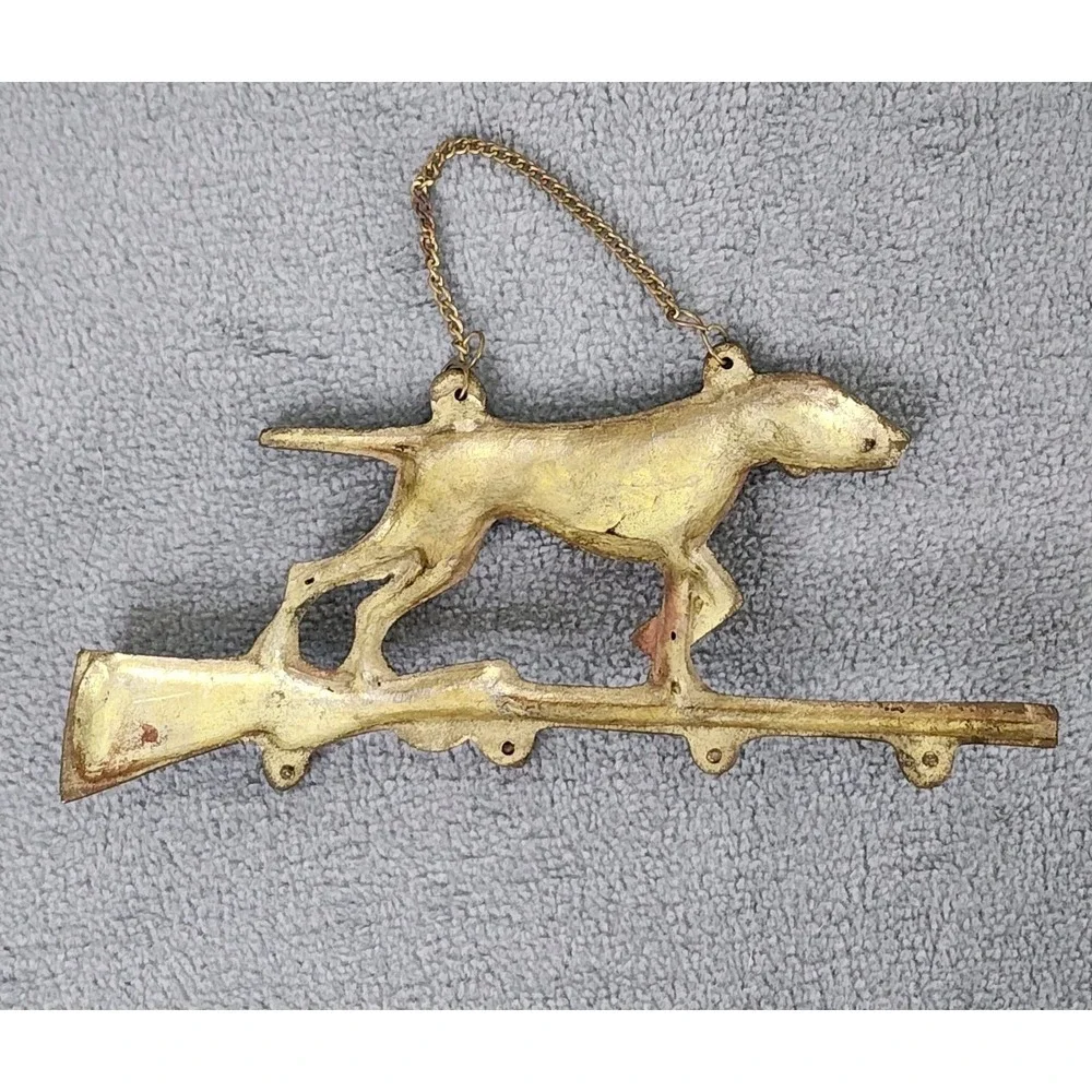 Vintage Solid Brass Dog Rifle Key Holder Vintage‎ Hunting Collectible